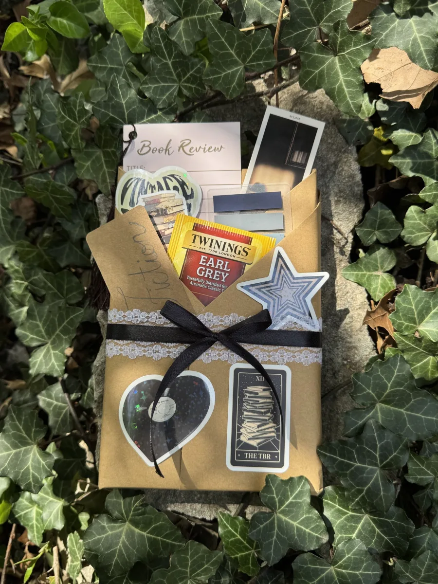 Wrapped blind date with a book package surrounded by ivy